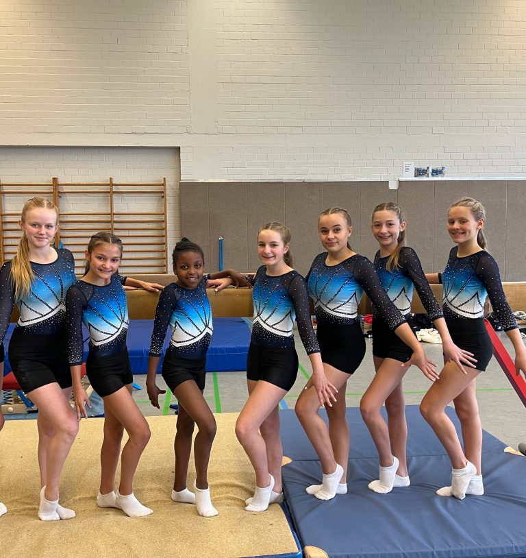 Sieben Turnerinnen stehen nebeneinander vor dem Schwebebalken.