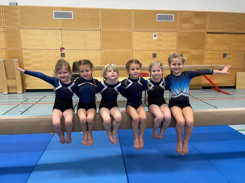 6 Turnerinnen sitzen nebeneinander auf einem Schwebebalken und lächeln in die Kamera.